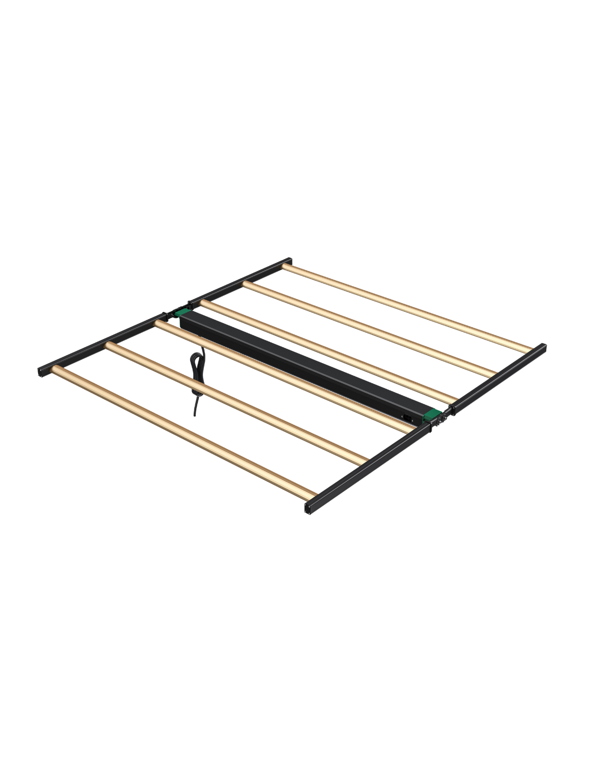 LED grow light with horizontal bars, black frame, and wooden-like light bars on a black background.