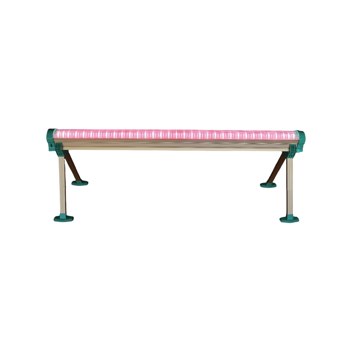 Under-canopy grow light with pink/red LEDs and wooden beam, supported by teal legs.