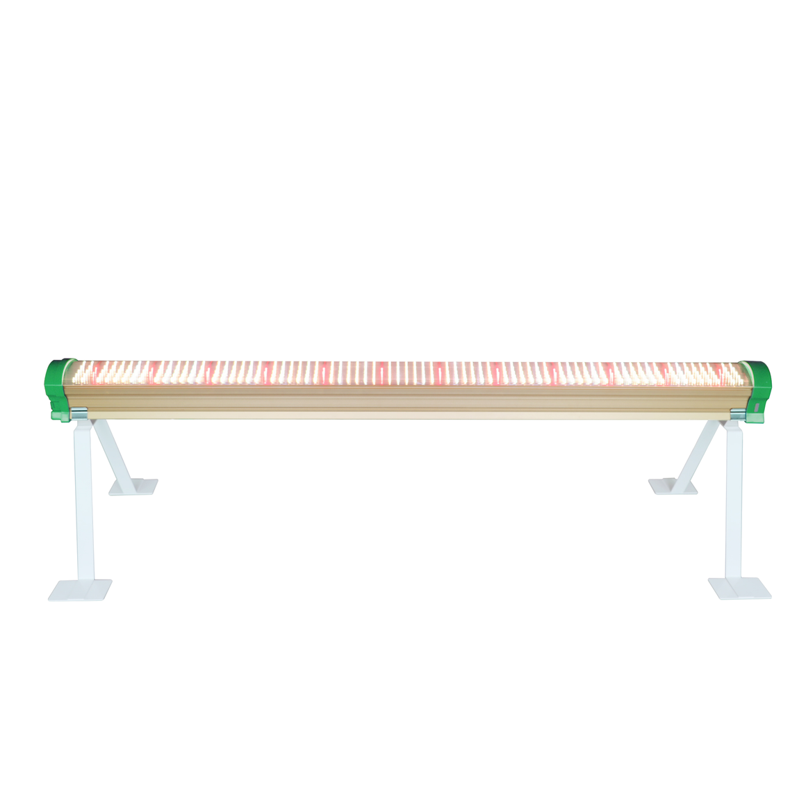 Full-spectrum LED grow light with red enhancement, housed in a gold bar with green end caps, supported by white legs.
