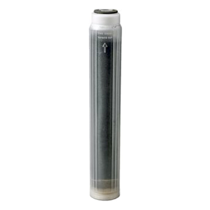 GrowniX KDF850 carbon water filter cartridge, clear plastic housing with dark carbon core and upward arrow indicator.