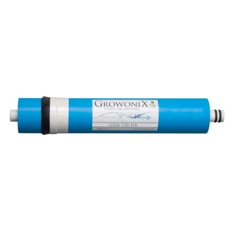 Blue GrowoniX GXM-150-HR reverse osmosis membrane with white and black accents.