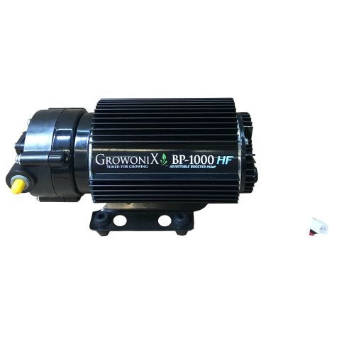 GrowoniX BP-1000 HF adjustable booster pump with black ribbed housing and mounting bracket.