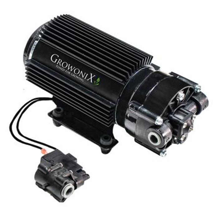 GrowoniX BP-100 HF adjustable booster pump with black heatsink and tubing connector.