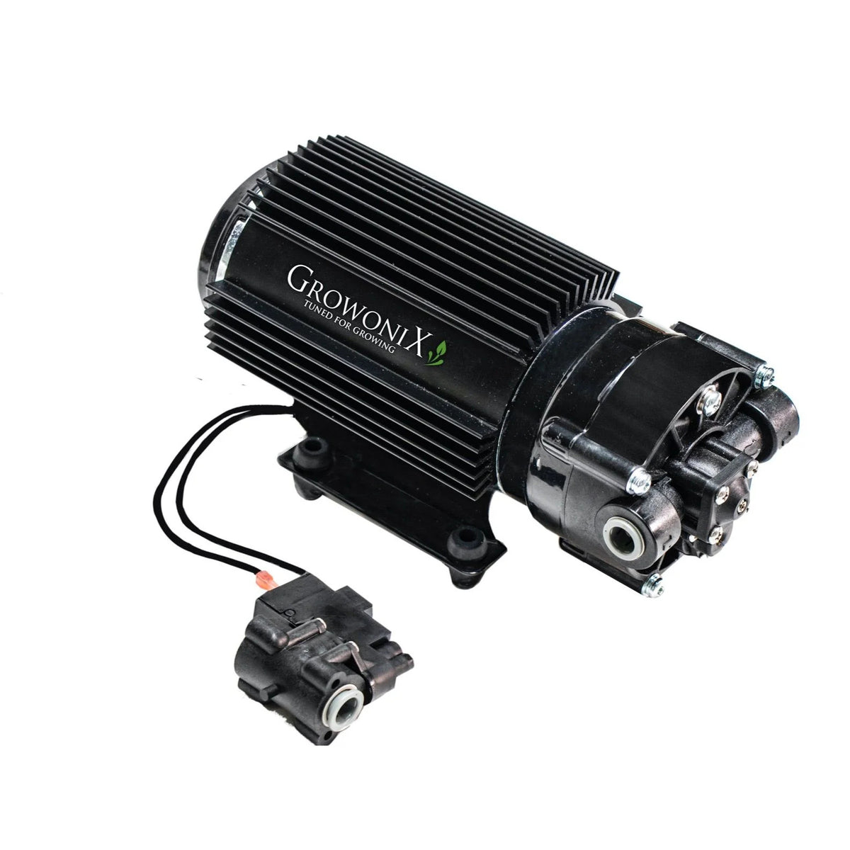 GrowoniX BP-100 HF adjustable booster pump with black heatsink and tubing connector.