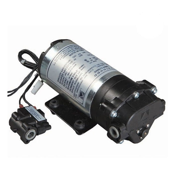 Black and silver booster pump with tubing and pressure switch, likely for water filtration systems.