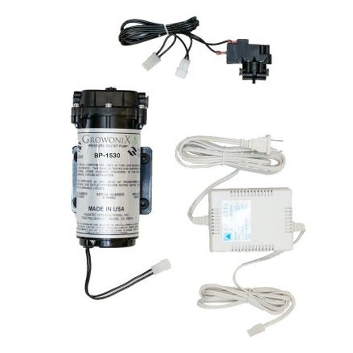 GrowoniX BP-1530 booster pump with power adapter and wiring.