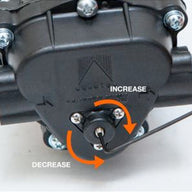 Close up of a black plastic pump with arrows indicating 
