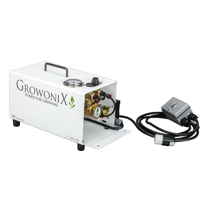 GrowoniX BP-6010 Booster Pump with splash guard, pressure gauges, and power cord.