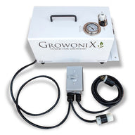 GrowoniX BP-6010 Booster Pump with splash guard, showing white control box, pressure gauge, and cables.