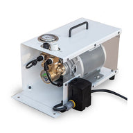 White booster pump with brass fittings, pressure gauge, and handle.