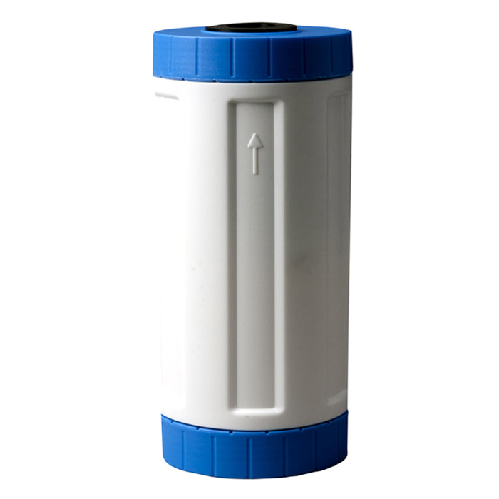 A white catalytic carbon filter with blue end caps and an up arrow indicator.