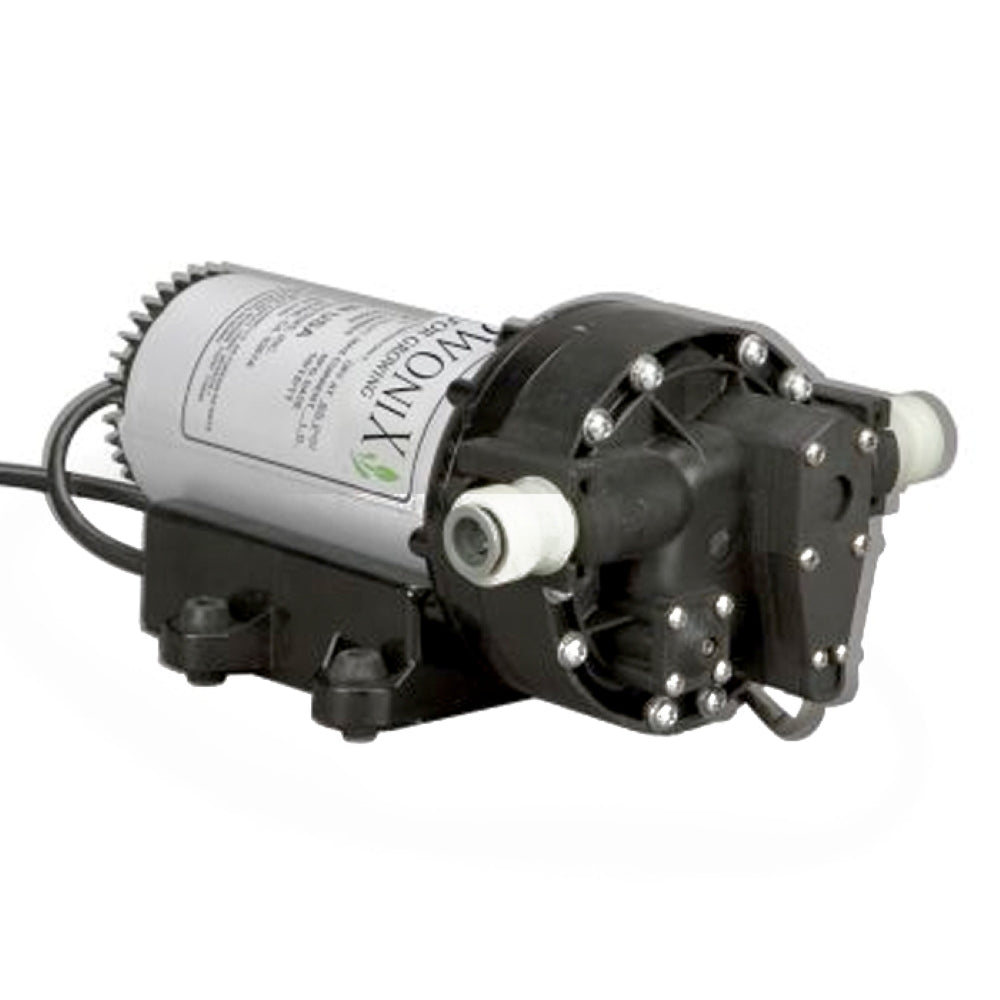 Black and silver GrowoniX diaphragm pump for growing, with white connectors and black base.