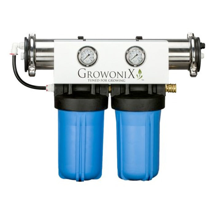 GrowoniX EX1000 RO filter with dual blue sediment filter housings and pressure gauges.