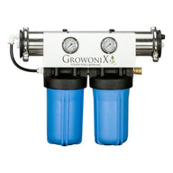 GrowoniX EX1000 RO filter with dual blue sediment filter housings and pressure gauges.