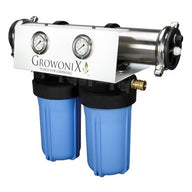 GrowoniX EX1000 reverse osmosis water filter system with dual blue filter housings and pressure gauges.