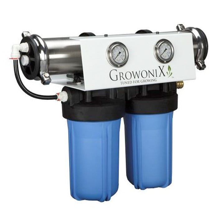 GrowoniX EX1000 RO filter, 1000 GPD, with two blue filter housings and pressure gauges.