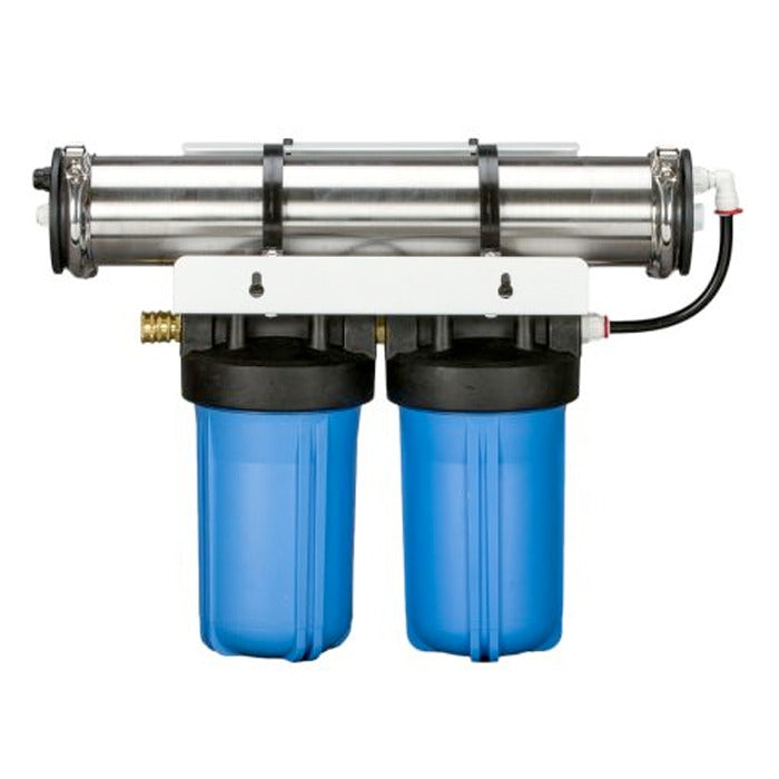 A GrowoniX EX1000 reverse osmosis water filter with two blue filter housings and a stainless steel canister.