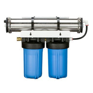 A GrowoniX EX1000 reverse osmosis water filter with two blue filter housings and a stainless steel canister.