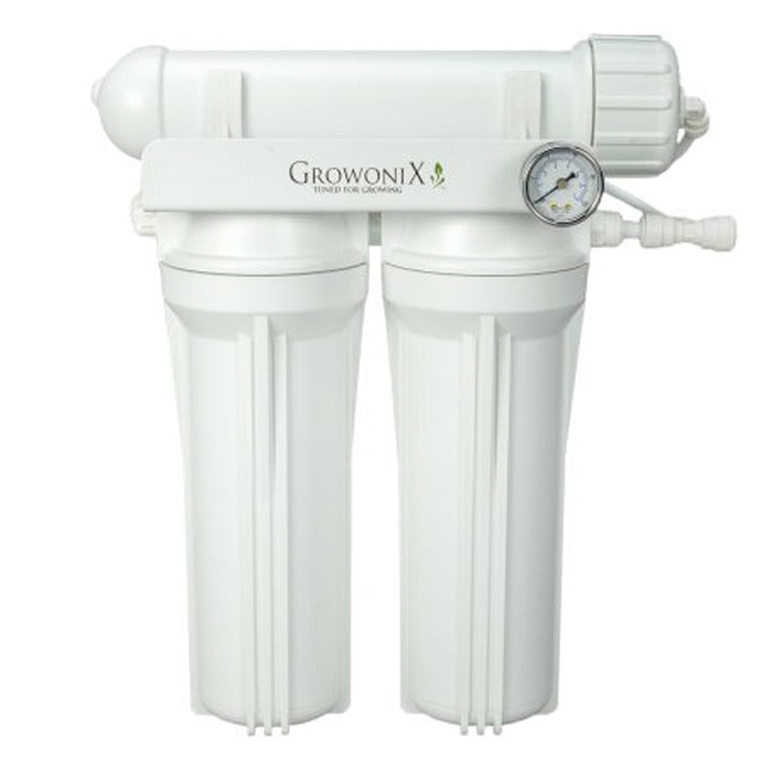 GrowoniX EX200 200 GPD Reverse Osmosis water filter with gauge and two filter housings.