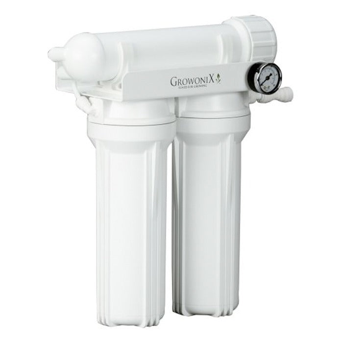 GrowoniX EX200 200 GPD reverse osmosis filter system with gauge and two housings.