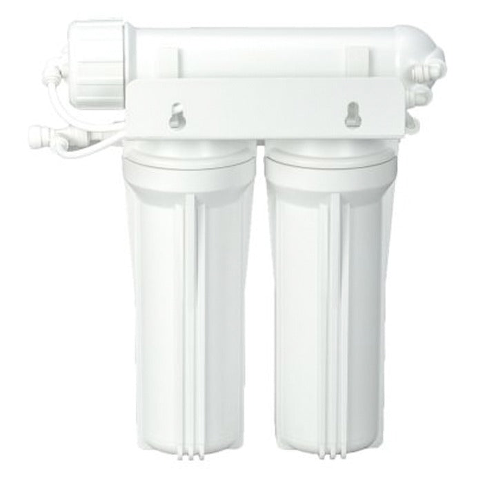 White reverse osmosis filter system with two large filter housings and a central RO membrane housing.