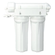 White reverse osmosis filter system with two large filter housings and a central RO membrane housing.
