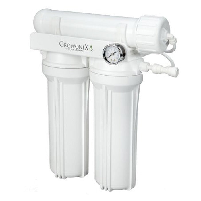 GrowoniX EX200 200 GPD reverse osmosis filter with two canisters and a pressure gauge.
