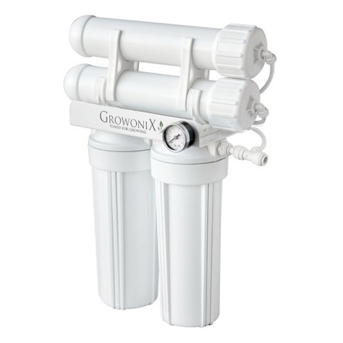 GrowoniX EX400 400 GPD reverse osmosis filter with two cartridges and a pressure gauge.