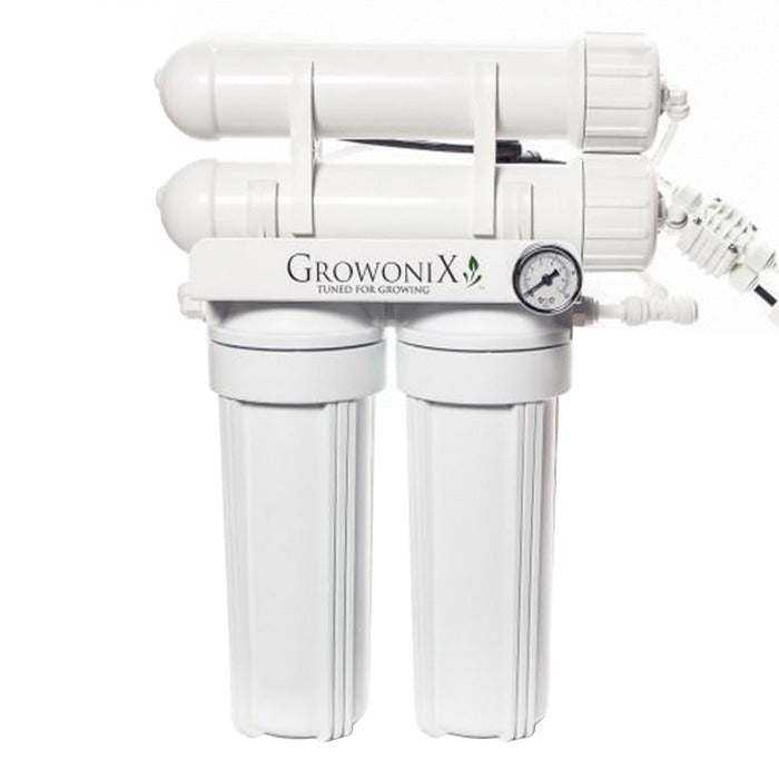 White GrowoniX EX400 RO filter system with dual canisters and pressure gauge.