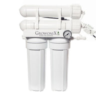 White GrowoniX EX400 RO filter system with dual canisters and pressure gauge.