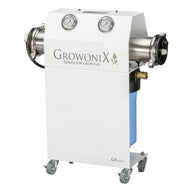 White GrowoniX GX1000 water filtration system with two gauges and wheels.