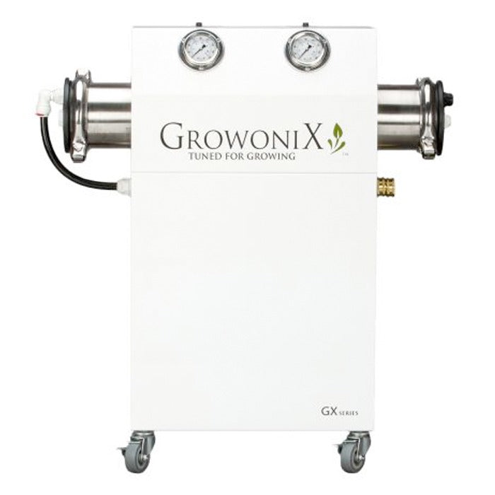 White GrowoniX GX1000 Reverse Osmosis System with two gauges and dual stainless steel canisters.