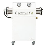 White GrowoniX GX1000 Reverse Osmosis System with two gauges and dual stainless steel canisters.