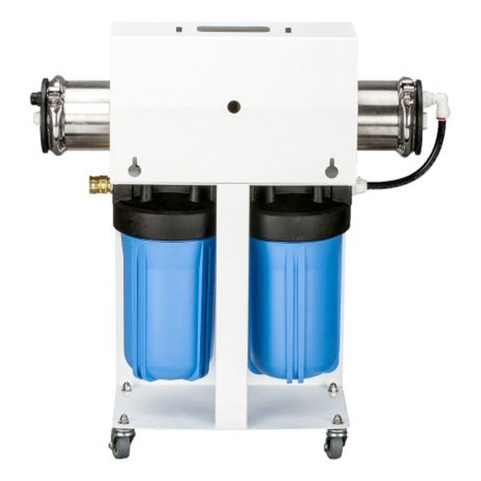 White reverse osmosis system with two blue filter housings and stainless steel components, on wheels.