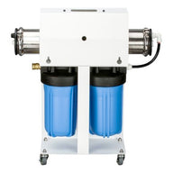 White reverse osmosis system with two blue filter housings and stainless steel components, on wheels.