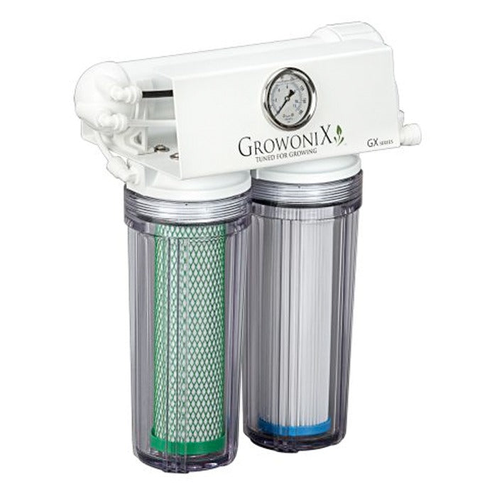 GrowoniX GX200 200GPD reverse osmosis filter system with dual filter housings.