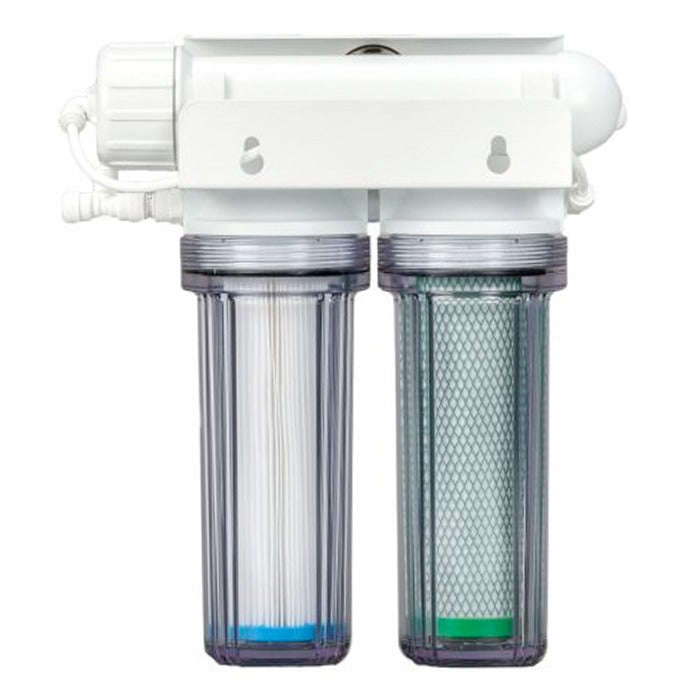 White reverse osmosis filter system with two clear canisters, one with white pleated filter, the other with green granulated carbon filter.