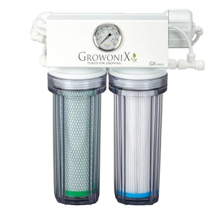 GrowoniX GX Series 200 GPD reverse osmosis filter with two clear filter housings and a pressure gauge.
