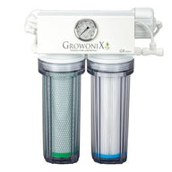 GrowoniX GX Series 200 GPD reverse osmosis filter with two clear filter housings and a pressure gauge.