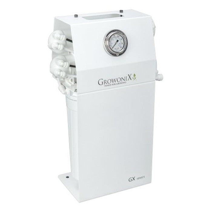 GrowoniX GX400 400GPD reverse osmosis filter with gauge and multiple output tubes.