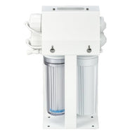 White RO system with clear and opaque filter housings mounted on a stand.