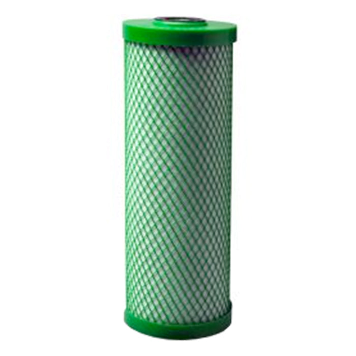Green carbon filter with white interior and green diamond mesh, on white background
