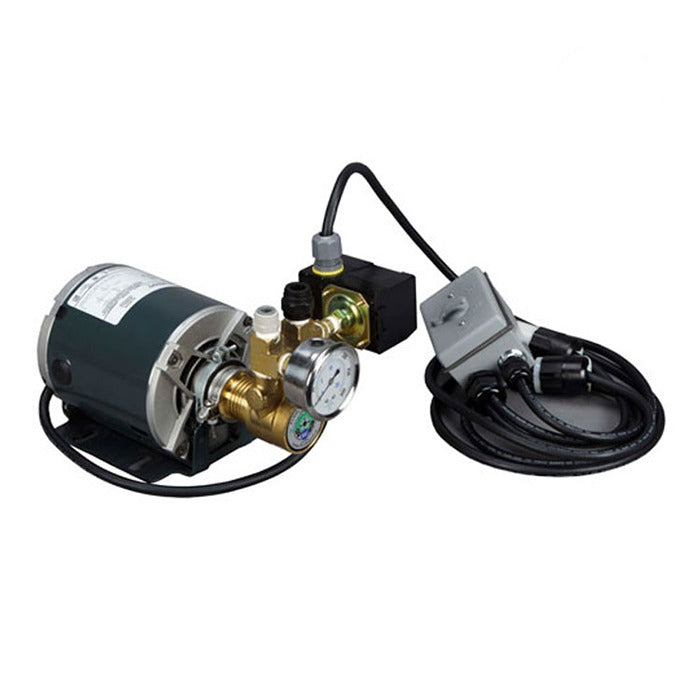 Green motor pump with pressure gauge, black solenoid valve, and grey junction box with cord.