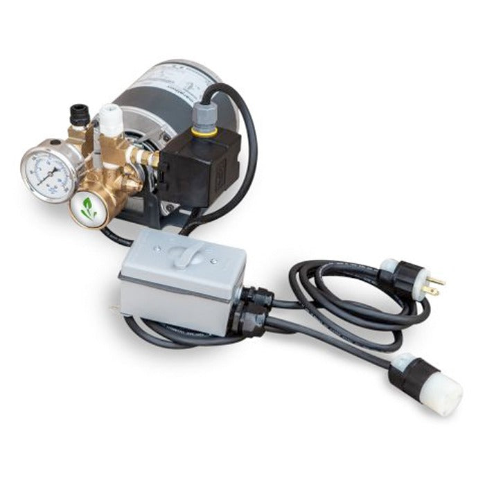 Compact, high-pressure booster pump with pressure gauge and power cord, ideal for hydroponics.
