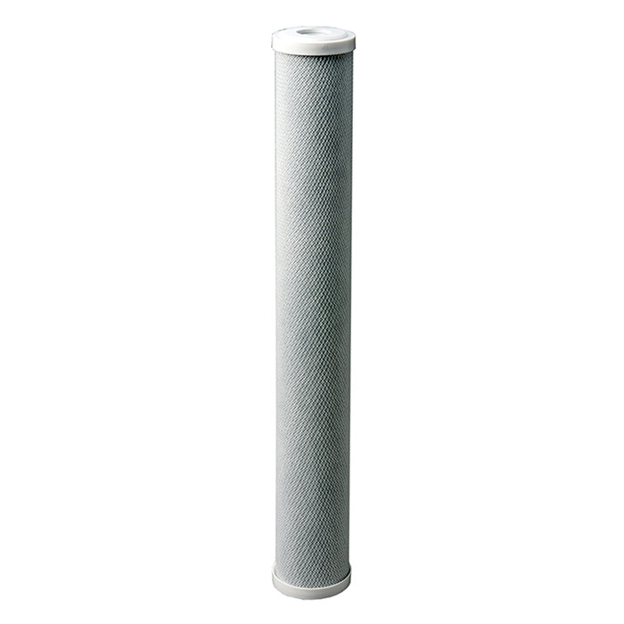 Slim, cylindrical replacement carbon water filter with textured gray body and white caps, isolated on white background.