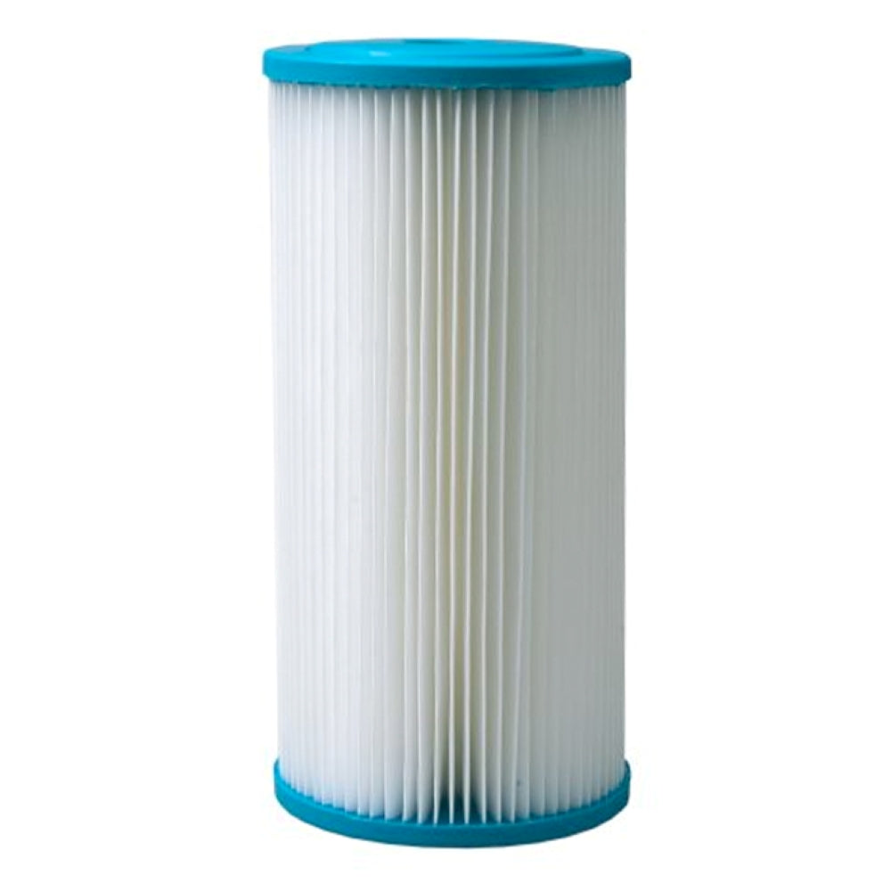 Pleated sediment filter with blue caps on white background