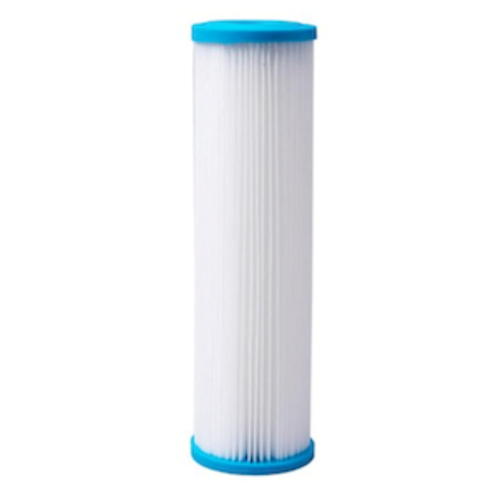 White pleated sediment water filter with blue end caps.