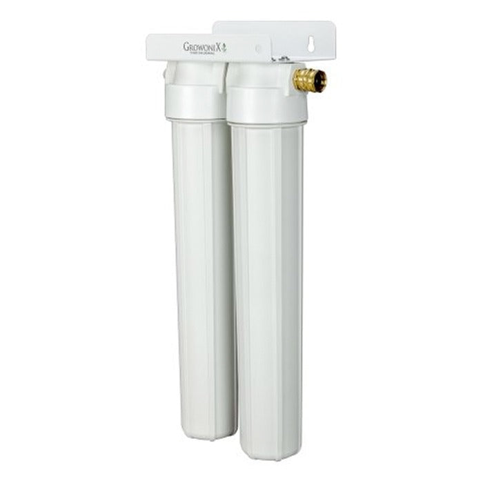A white dual-stage water filter system with two tall filter housings, mounted on a white bracket.