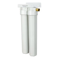 A white dual-stage water filter system with two tall filter housings, mounted on a white bracket.