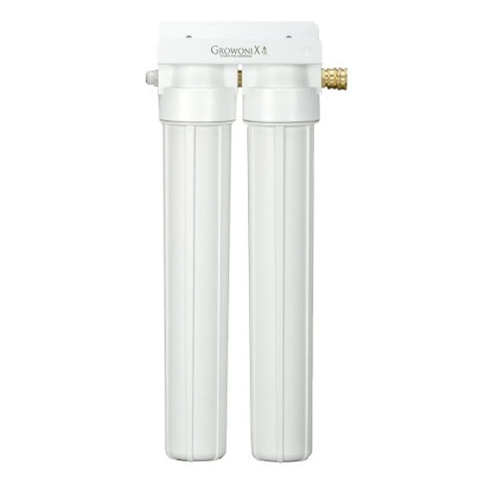 GrowoniX SlimScrubber dual filter system with clear housings and white caps.